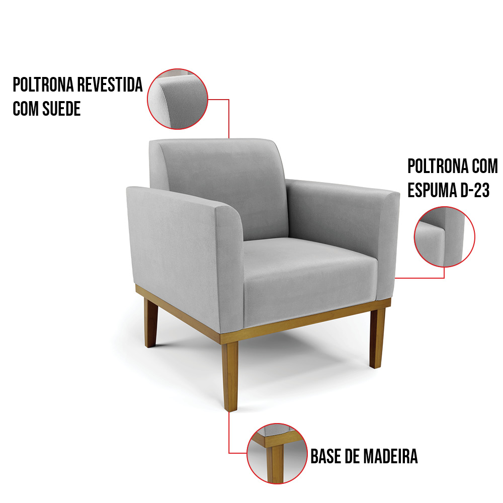 Sofá Namoradeira com 2 Poltronas Base de Madeira Fixa Castanho Marisa Suede Cinza D03 - D'Rossi