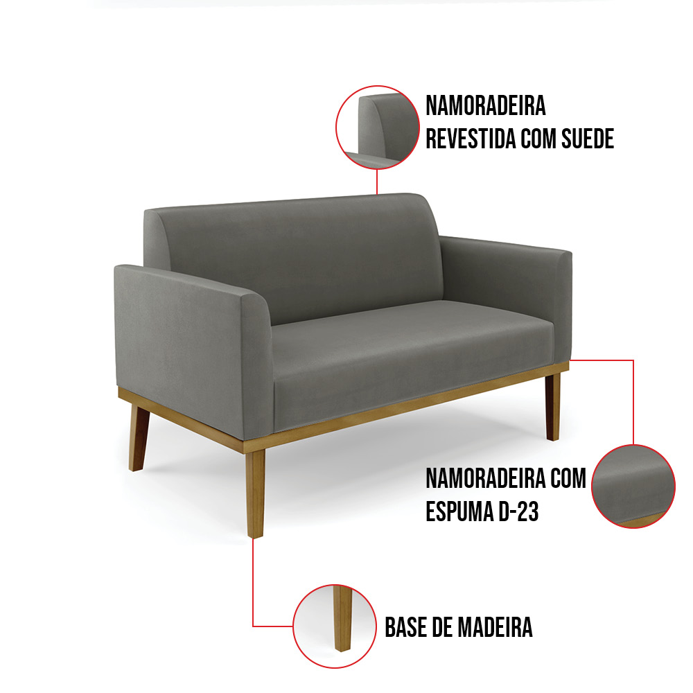 Sofá Namoradeira com 2 Poltronas Base de Madeira Fixa Castanho Marisa Suede Grafite D03 - D'Rossi