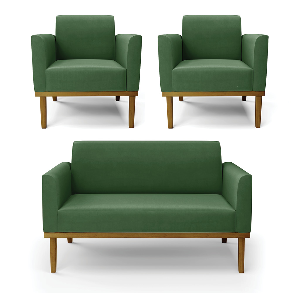 Sofá Namoradeira com 2 Poltronas Base de Madeira Fixa Castanho Marisa Suede Verde D03 - D'Rossi