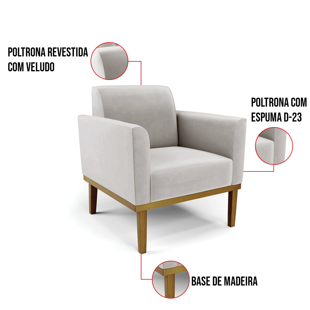 Sofá Namoradeira com 2 Poltronas Base de Madeira Fixa Castanho Marisa Veludo Cinza  D03 - D'Rossi