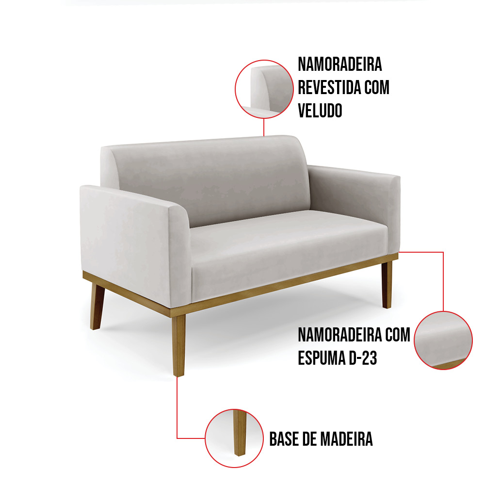 Sofá Namoradeira com 2 Poltronas Base de Madeira Fixa Castanho Marisa Veludo Cinza  D03 - D'Rossi