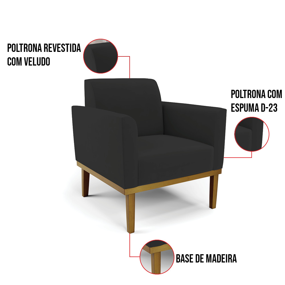 Sofá Namoradeira com 2 Poltronas Base de Madeira Fixa Castanho Marisa Veludo Preto  D03 - D'Rossi