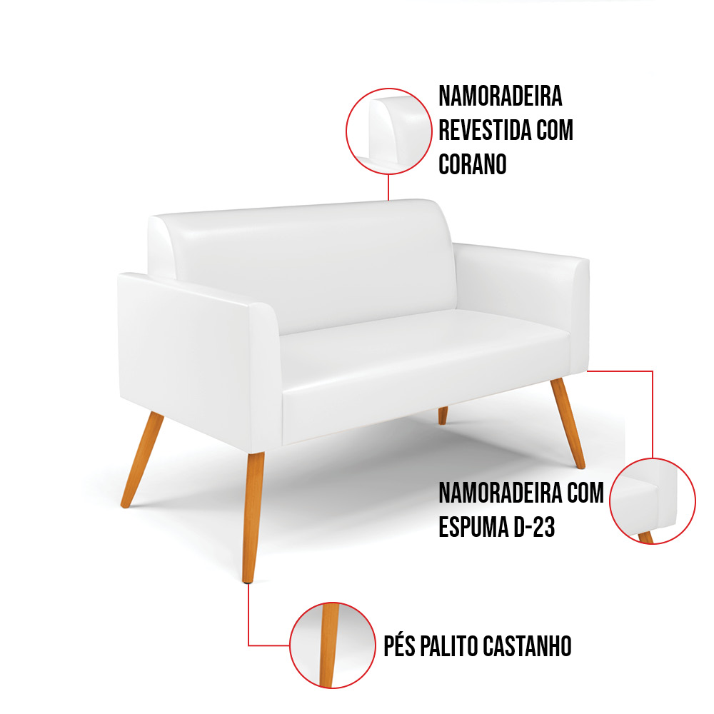 Sofá Namoradeira com 2 Poltronas Pés Palito Castanho Marisa Corano Branco D03 - D'Rossi