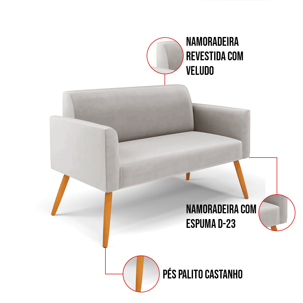 Sofá Namoradeira com 2 Poltronas Pés Palito Castanho Marisa Veludo Cinza D03 - D'Rossi