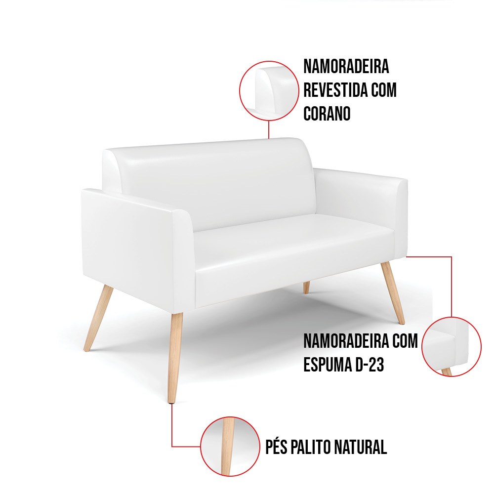 Sofá Namoradeira com 2 Poltronas Pés Palito Natural Marisa Corano Branco D03 - D'Rossi