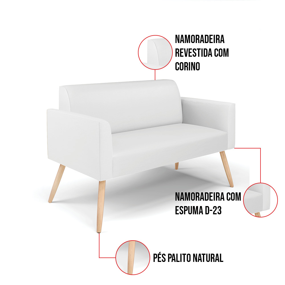 Sofá Namoradeira com 2 Poltronas Pés Palito Natural Marisa Corino Branco D03 - D'Rossi