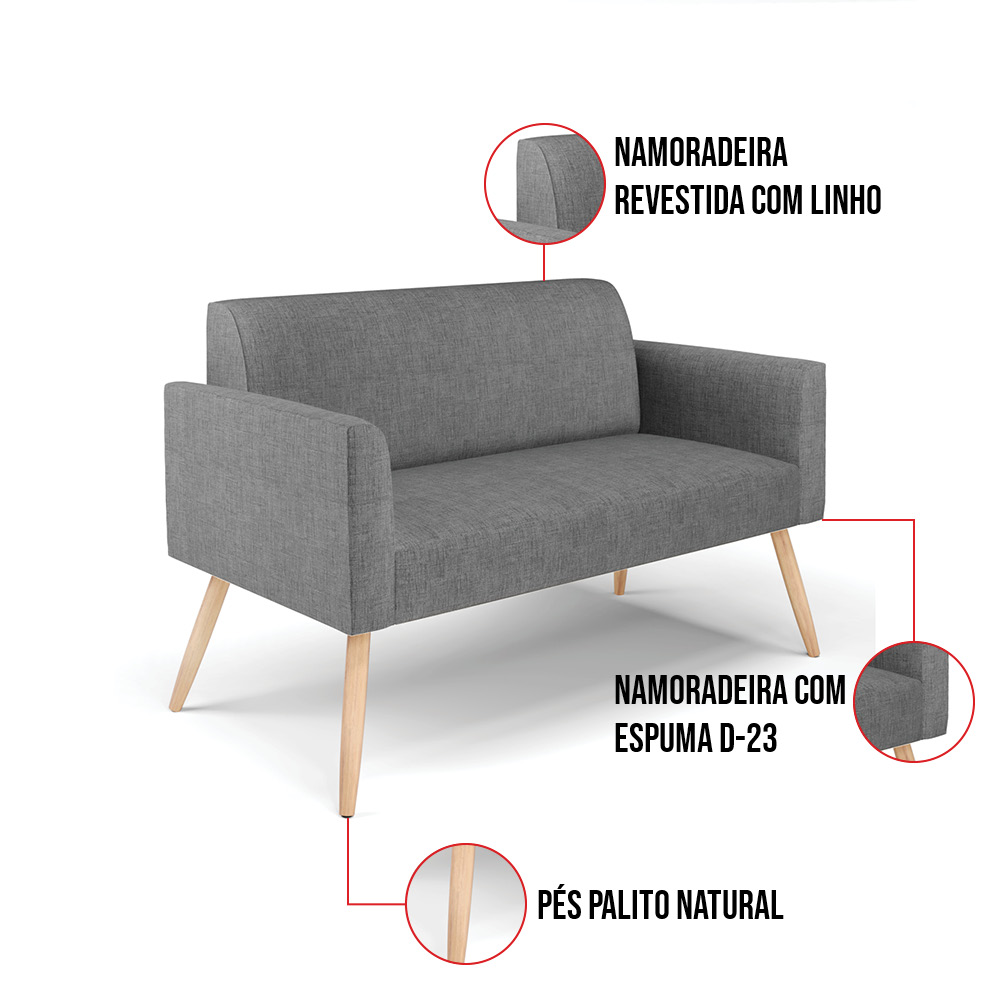 Sofá Namoradeira com 2 Poltronas Pés Palito Natural Marisa Linho Grafite A26 D03 - D'Rossi