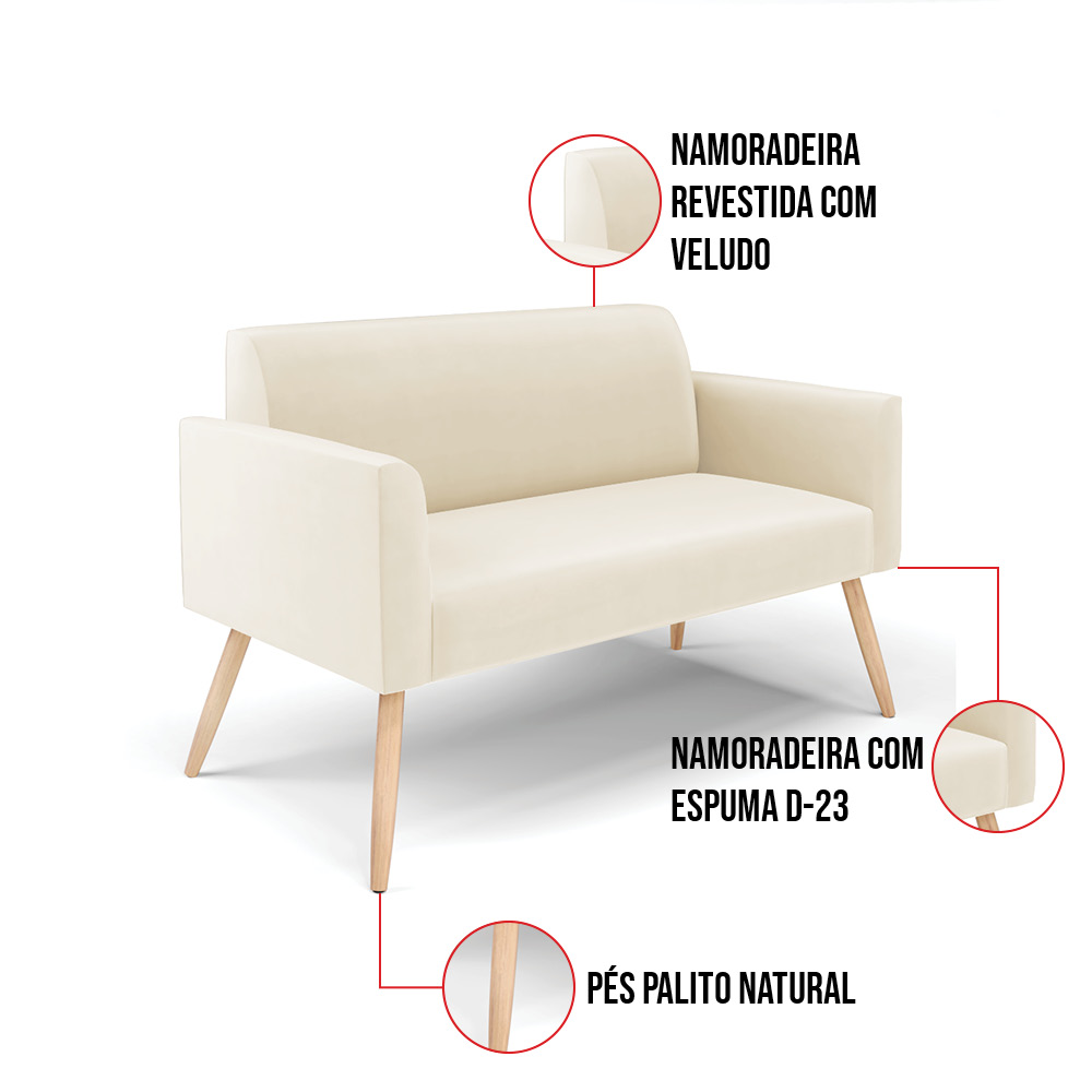 Sofá Namoradeira com 2 Poltronas Pés Palito Natural Marisa Veludo Bege D03 - D'Rossi
