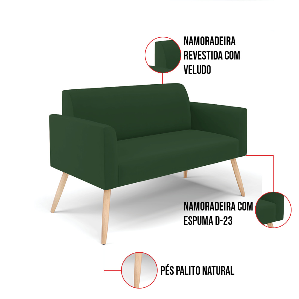 Sofá Namoradeira com 2 Poltronas Pés Palito Natural Marisa Veludo Verde D03 - D'Rossi