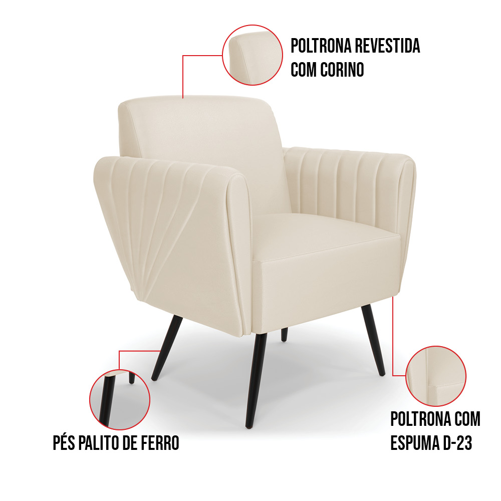 Sofá Namoradeira com 2 Poltronas Pés Palito de Ferro Bruna Corino Bege - D'Rossi