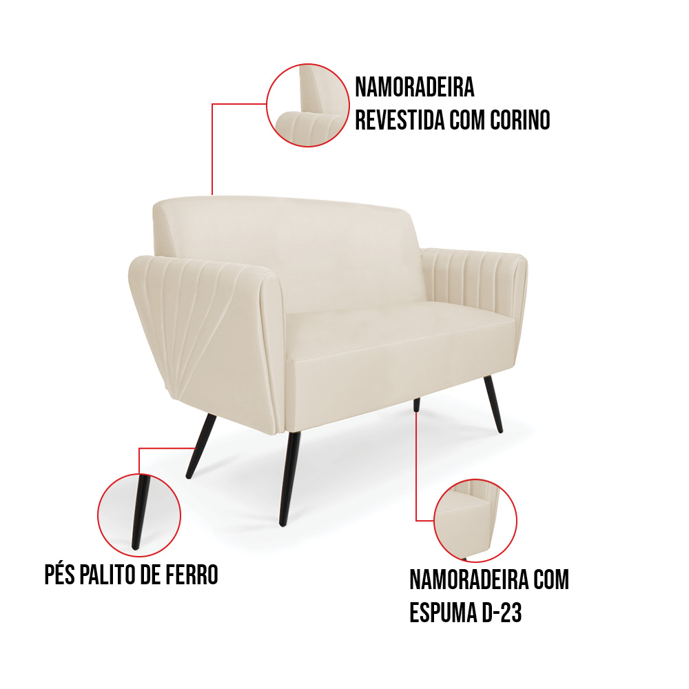 Sofá Namoradeira com 2 Poltronas Pés Palito de Ferro Bruna Corino Bege - D'Rossi