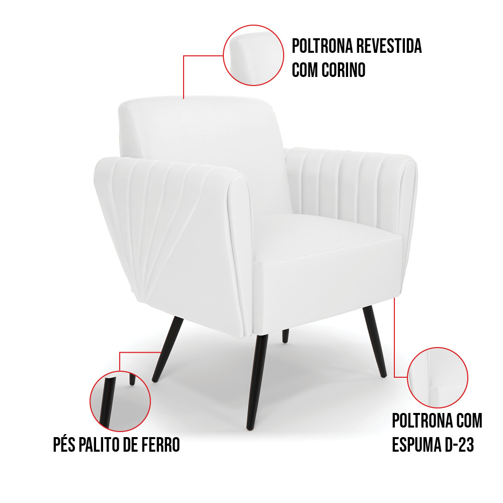 Sofá Namoradeira com 2 Poltronas Pés Palito de Ferro Bruna Corino Branco - D'Rossi