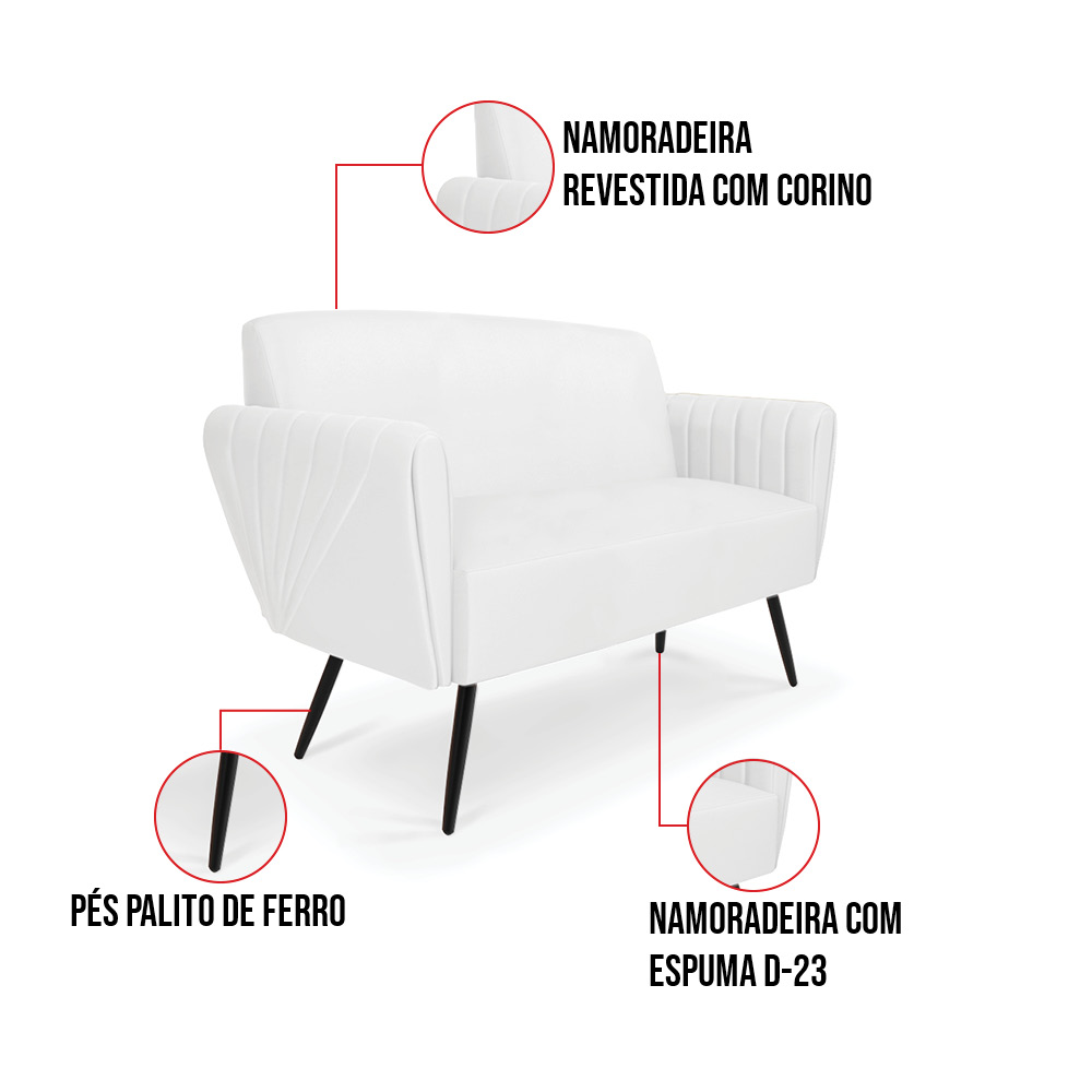 Sofá Namoradeira com 2 Poltronas Pés Palito de Ferro Bruna Corino Branco - D'Rossi