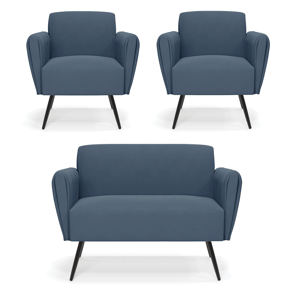 Sofá Namoradeira com 2 Poltronas Pés Palito de Ferro Bruna Suede Azul Marinho - D'Rossi