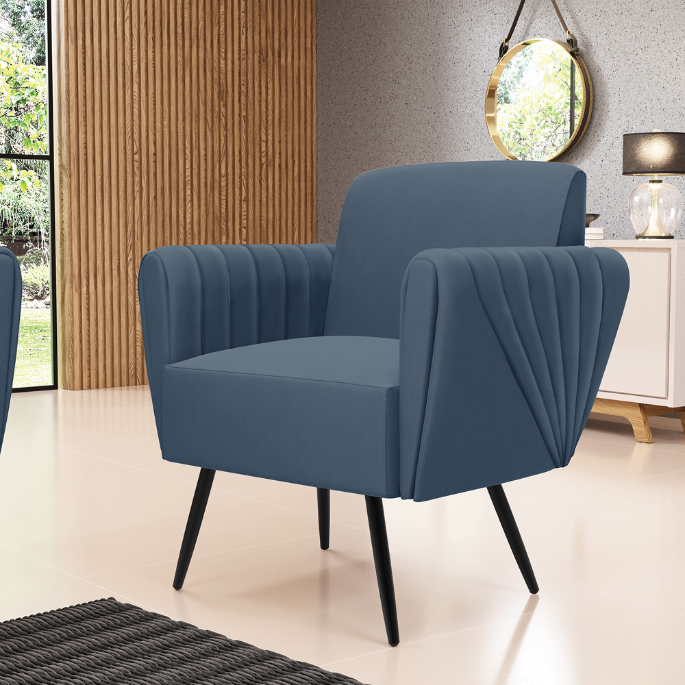 Sofá Namoradeira com 2 Poltronas Pés Palito de Ferro Bruna Suede Azul Marinho - D'Rossi