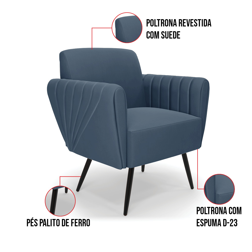 Sofá Namoradeira com 2 Poltronas Pés Palito de Ferro Bruna Suede Azul Marinho - D'Rossi