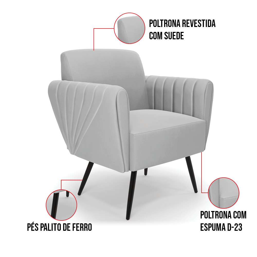 Sofá Namoradeira com 2 Poltronas Pés Palito de Ferro Bruna Suede Cinza - D'Rossi