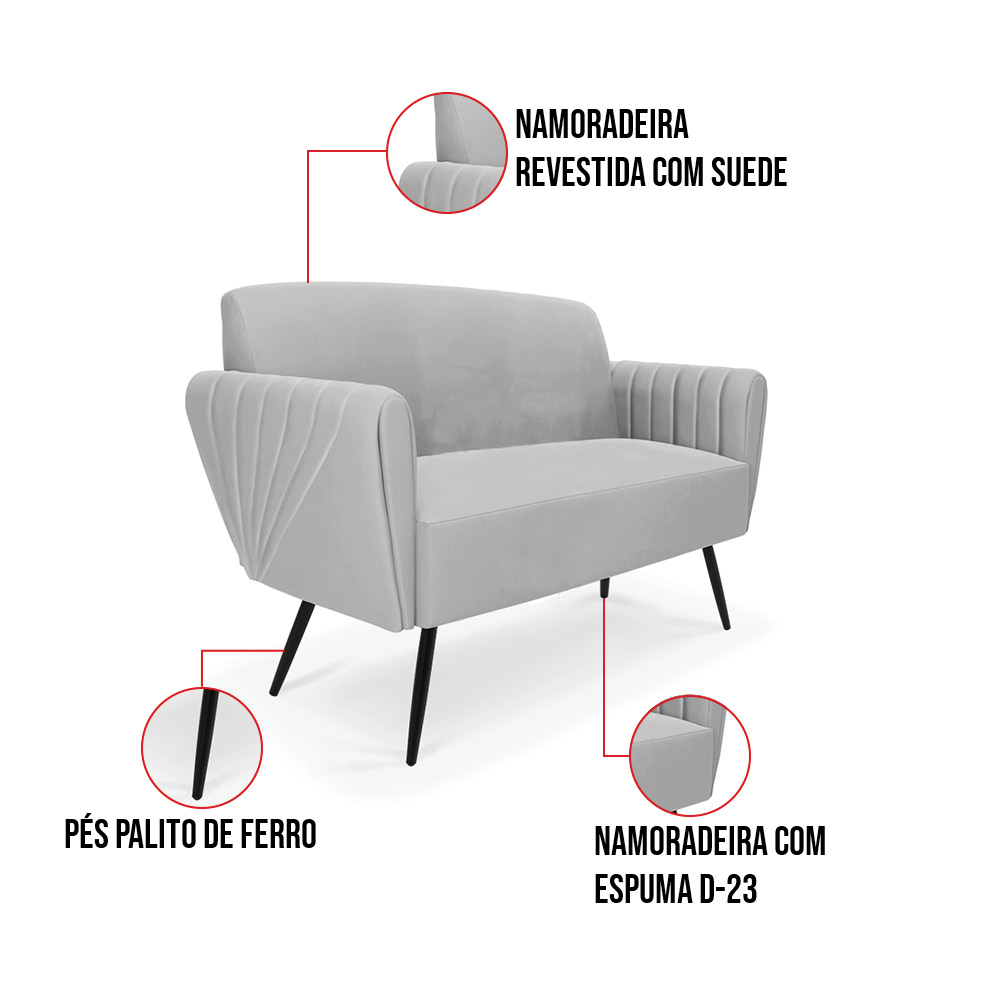 Sofá Namoradeira com 2 Poltronas Pés Palito de Ferro Bruna Suede Cinza - D'Rossi