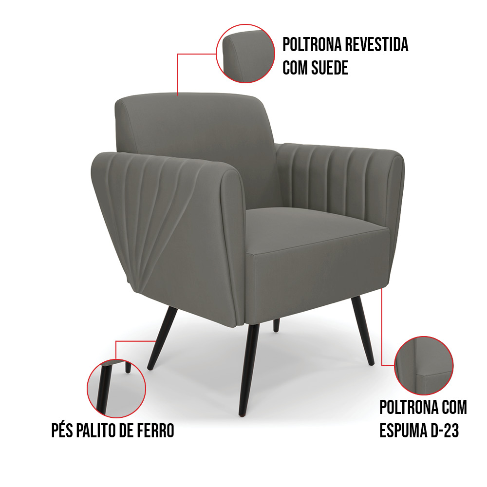 Sofá Namoradeira com 2 Poltronas Pés Palito de Ferro Bruna Suede Grafite - D'Rossi