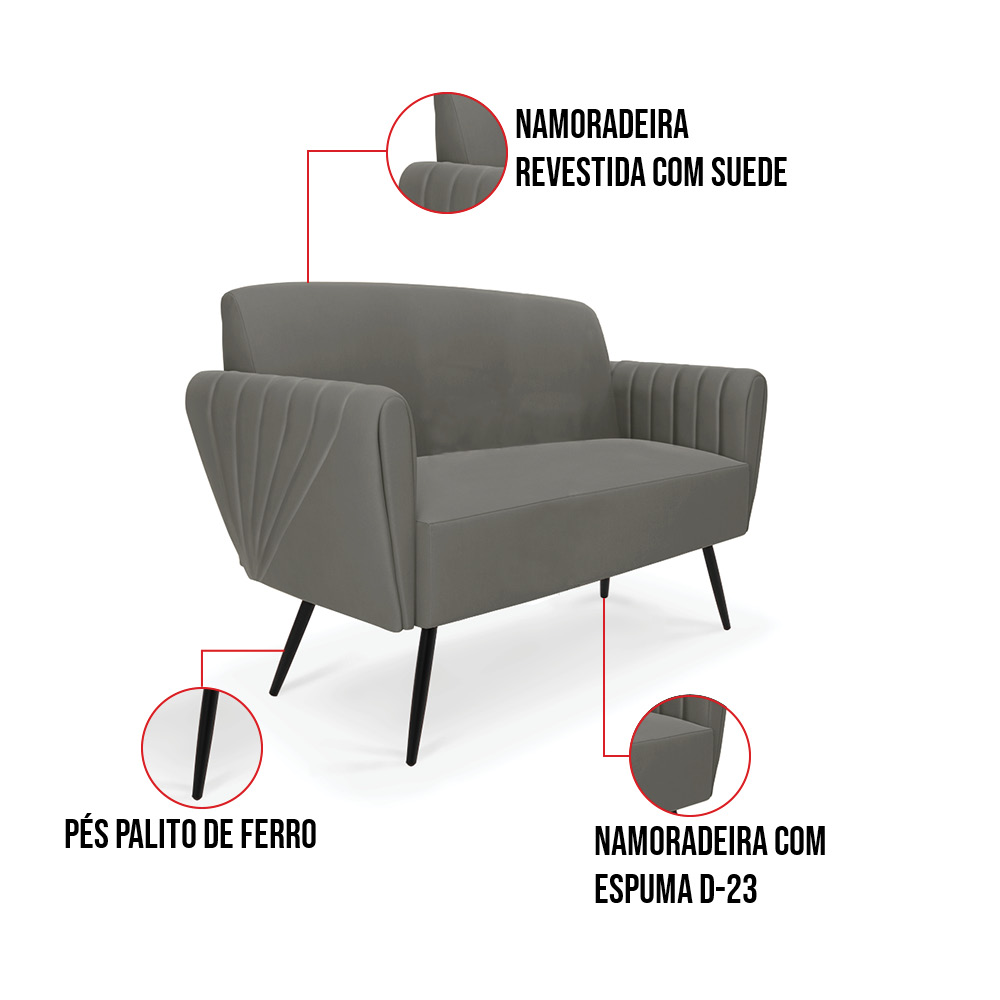Sofá Namoradeira com 2 Poltronas Pés Palito de Ferro Bruna Suede Grafite - D'Rossi
