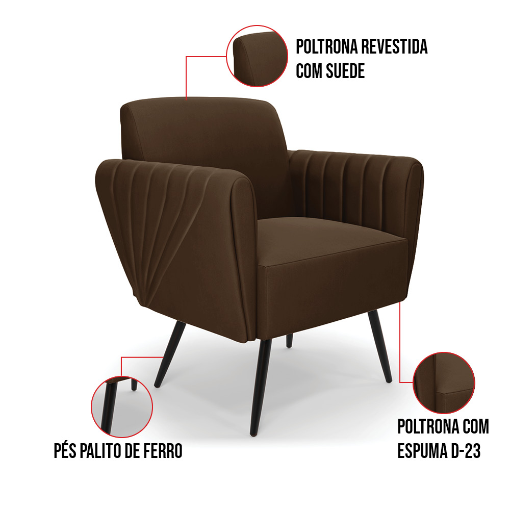 Sofá Namoradeira com 2 Poltronas Pés Palito de Ferro Bruna Suede Marrom - D'Rossi