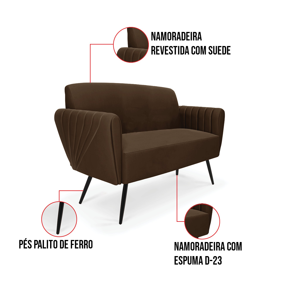 Sofá Namoradeira com 2 Poltronas Pés Palito de Ferro Bruna Suede Marrom - D'Rossi