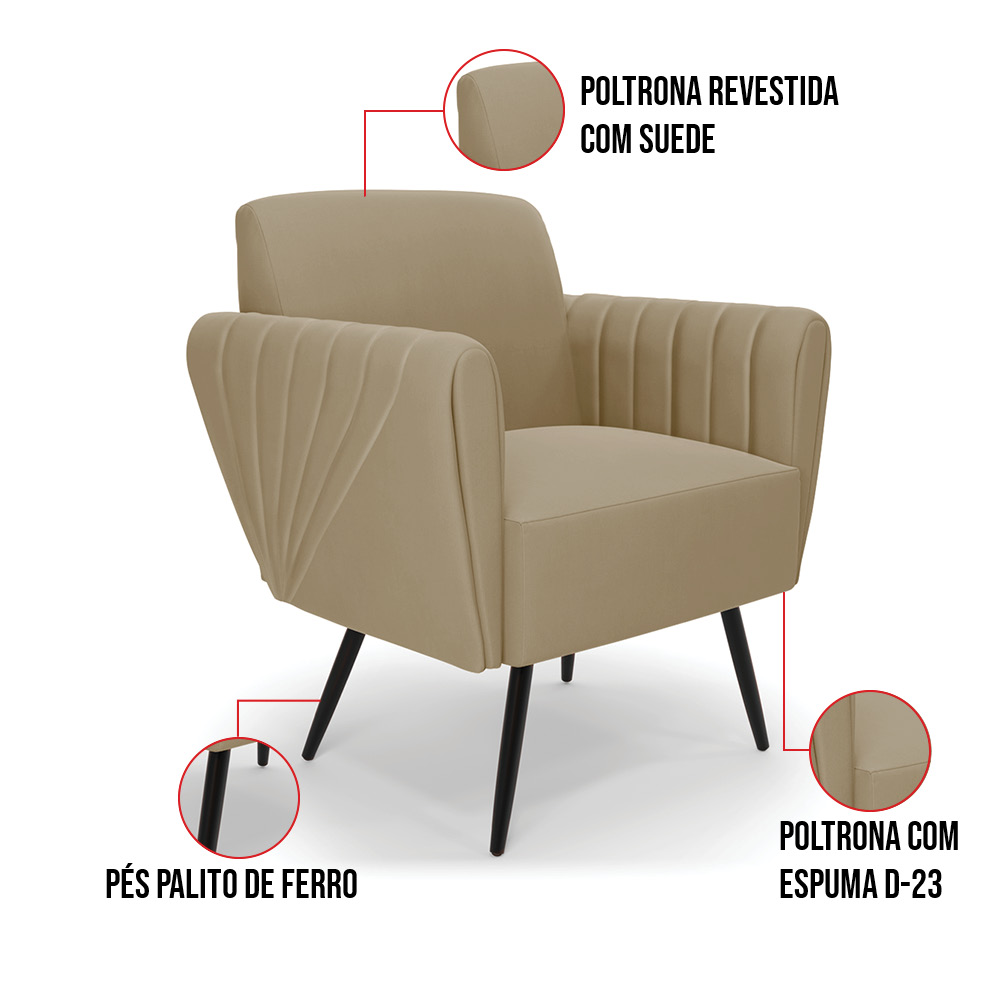 Sofá Namoradeira com 2 Poltronas Pés Palito de Ferro Bruna Suede Marrom Rato - D'Rossi