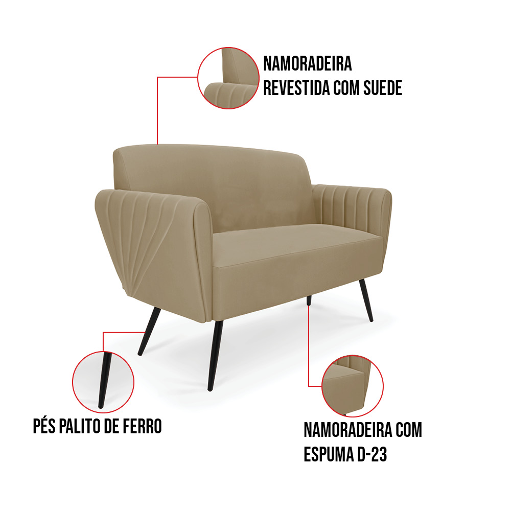 Sofá Namoradeira com 2 Poltronas Pés Palito de Ferro Bruna Suede Marrom Rato - D'Rossi