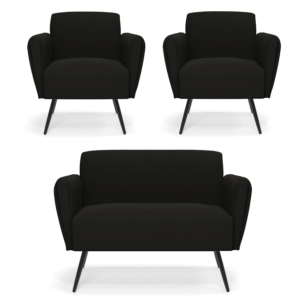 Sofá Namoradeira com 2 Poltronas Pés Palito de Ferro Bruna Suede Preto - D'Rossi