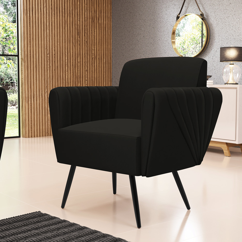 Sofá Namoradeira com 2 Poltronas Pés Palito de Ferro Bruna Suede Preto - D'Rossi