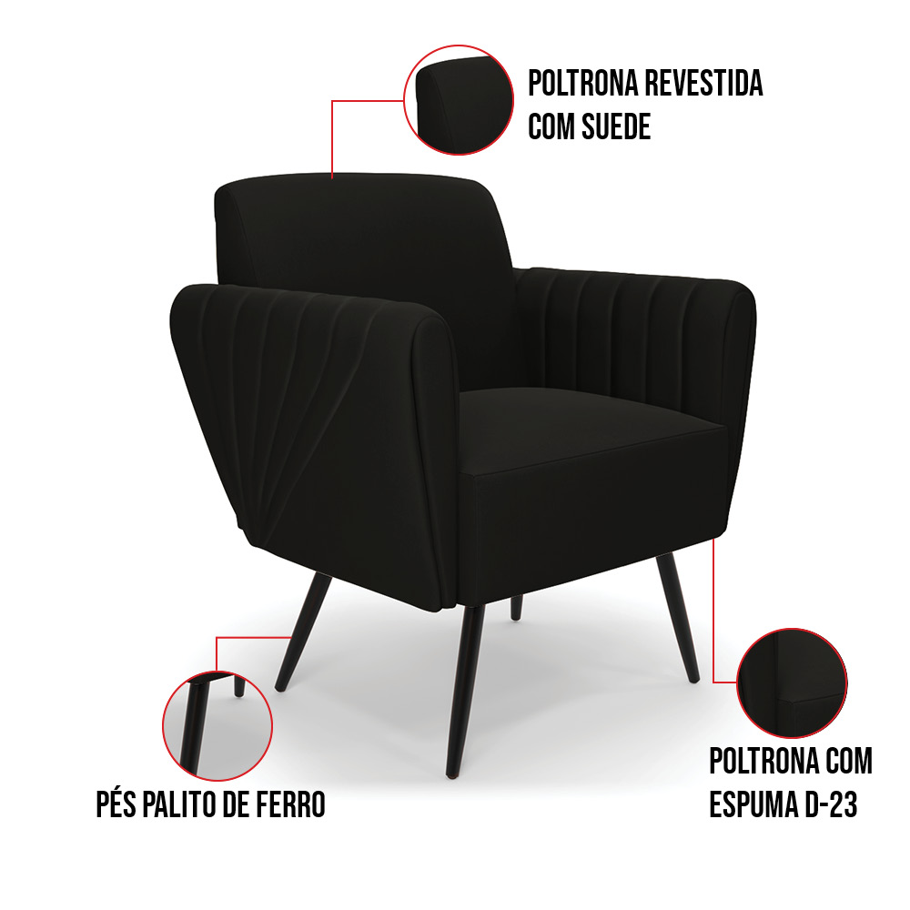 Sofá Namoradeira com 2 Poltronas Pés Palito de Ferro Bruna Suede Preto - D'Rossi