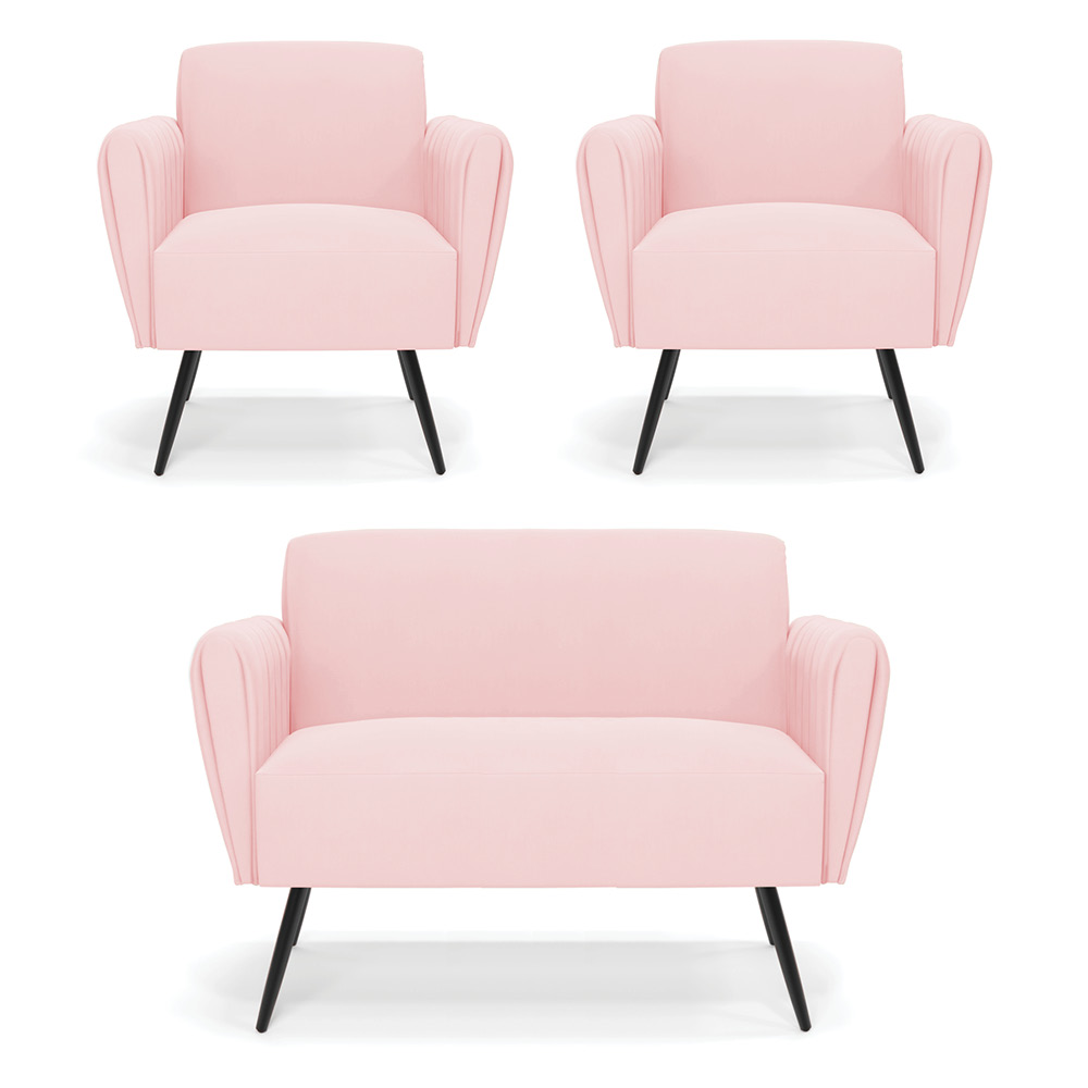 Sofá Namoradeira com 2 Poltronas Pés Palito de Ferro Bruna Suede Rosa Bebê - D'Rossi