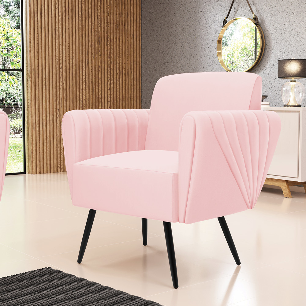 Sofá Namoradeira com 2 Poltronas Pés Palito de Ferro Bruna Suede Rosa Bebê - D'Rossi
