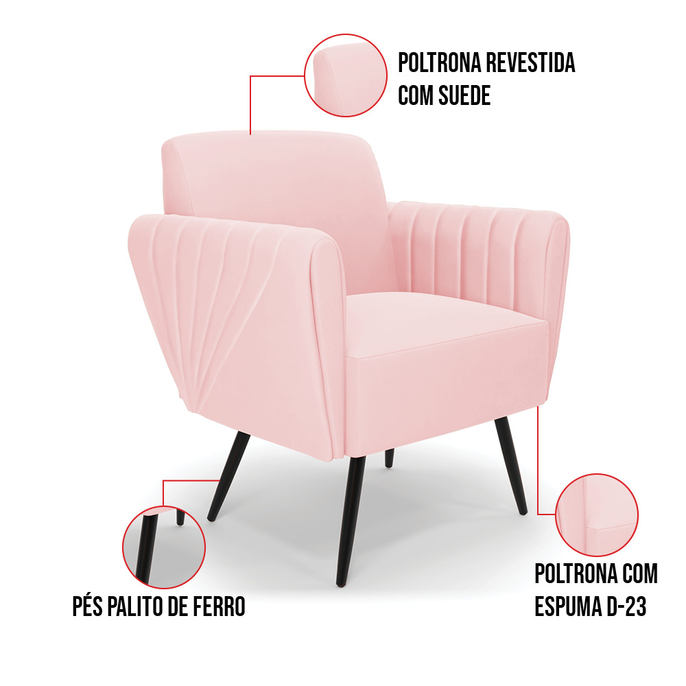 Sofá Namoradeira com 2 Poltronas Pés Palito de Ferro Bruna Suede Rosa Bebê - D'Rossi