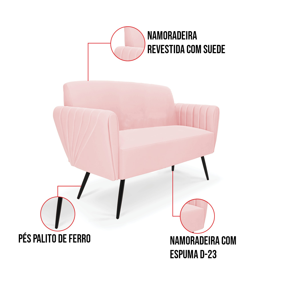 Sofá Namoradeira com 2 Poltronas Pés Palito de Ferro Bruna Suede Rosa Bebê - D'Rossi