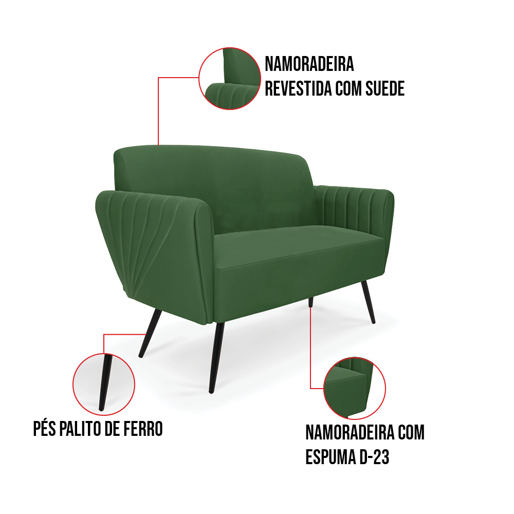 Sofá Namoradeira com 2 Poltronas Pés Palito de Ferro Bruna Suede Verde - D'Rossi