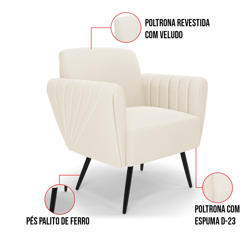 Sofá Namoradeira com 2 Poltronas Pés Palito de Ferro Bruna Veludo Bege - D'Rossi