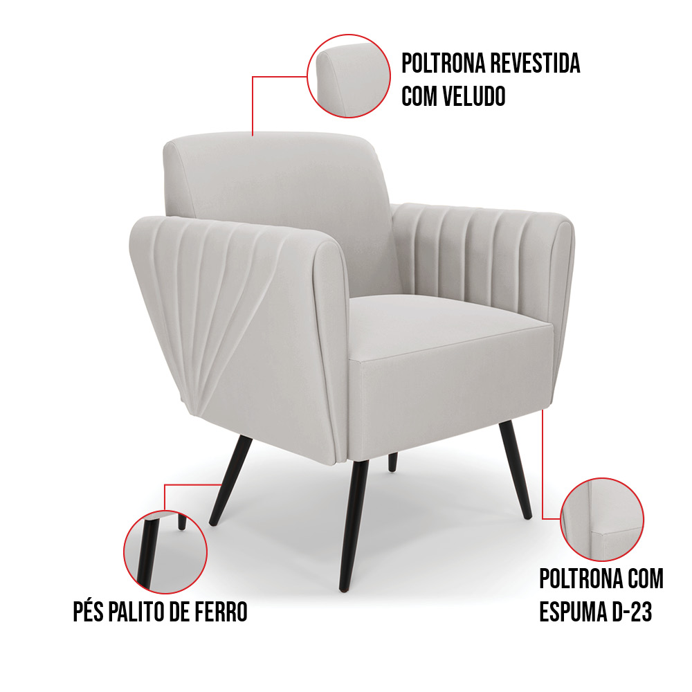 Sofá Namoradeira com 2 Poltronas Pés Palito de Ferro Bruna Veludo Cinza - D'Rossi