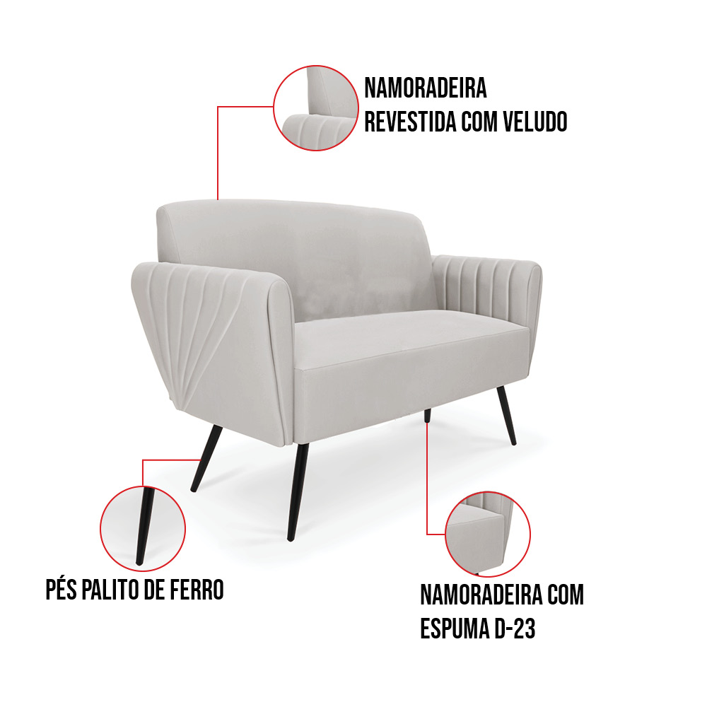 Sofá Namoradeira com 2 Poltronas Pés Palito de Ferro Bruna Veludo Cinza - D'Rossi