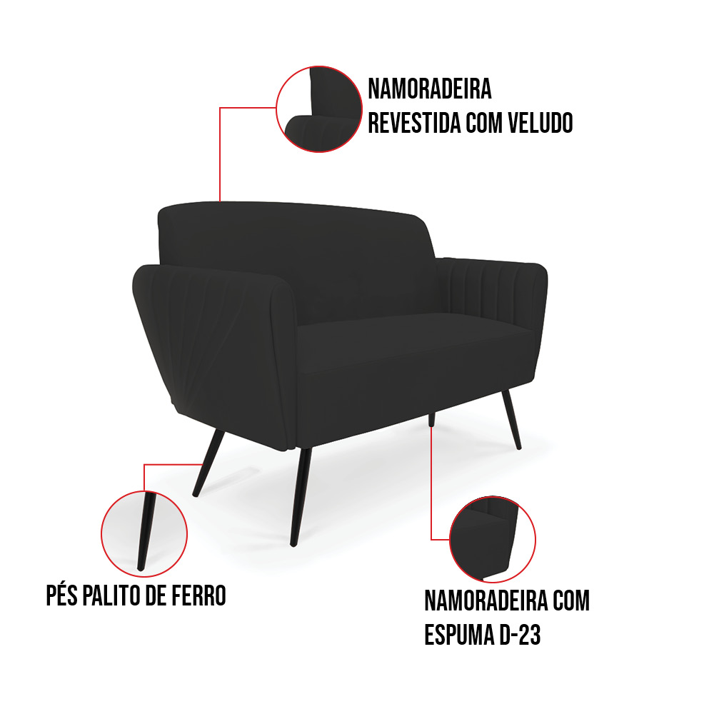 Sofá Namoradeira com 2 Poltronas Pés Palito de Ferro Bruna Veludo Preto - D'Rossi