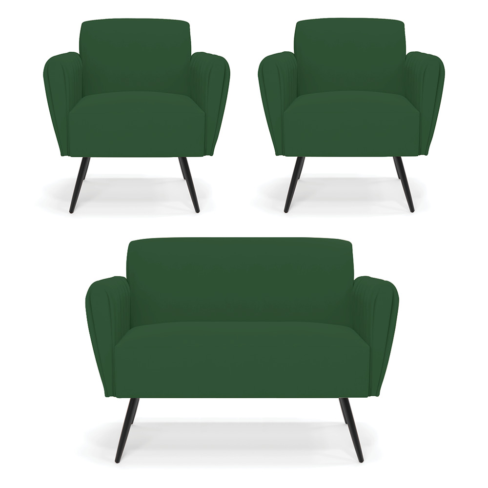 Sofá Namoradeira com 2 Poltronas Pés Palito de Ferro Bruna Veludo Verde - D'Rossi