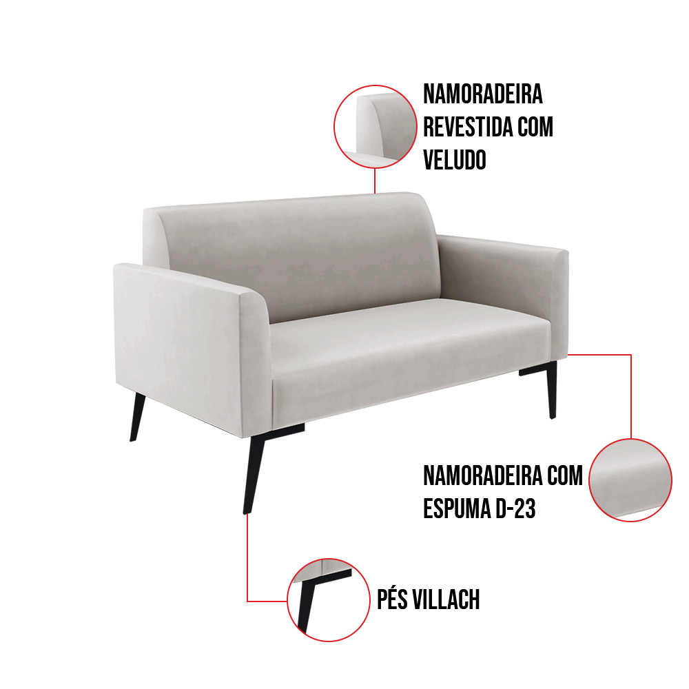 Sofá Namoradeira com 2 Poltronas Pés Villach Marisa Veludo Cinza D03 - D'Rossi