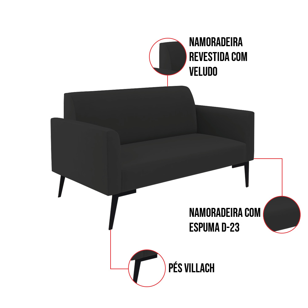 Sofá Namoradeira com 2 Poltronas Pés Villach Marisa Veludo Preto D03 - D'Rossi