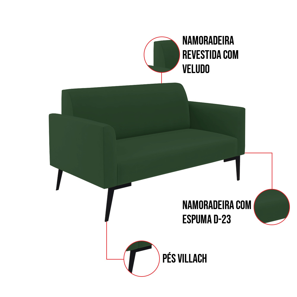 Sofá Namoradeira com 2 Poltronas Pés Villach Marisa Veludo Verde D03 - D'Rossi