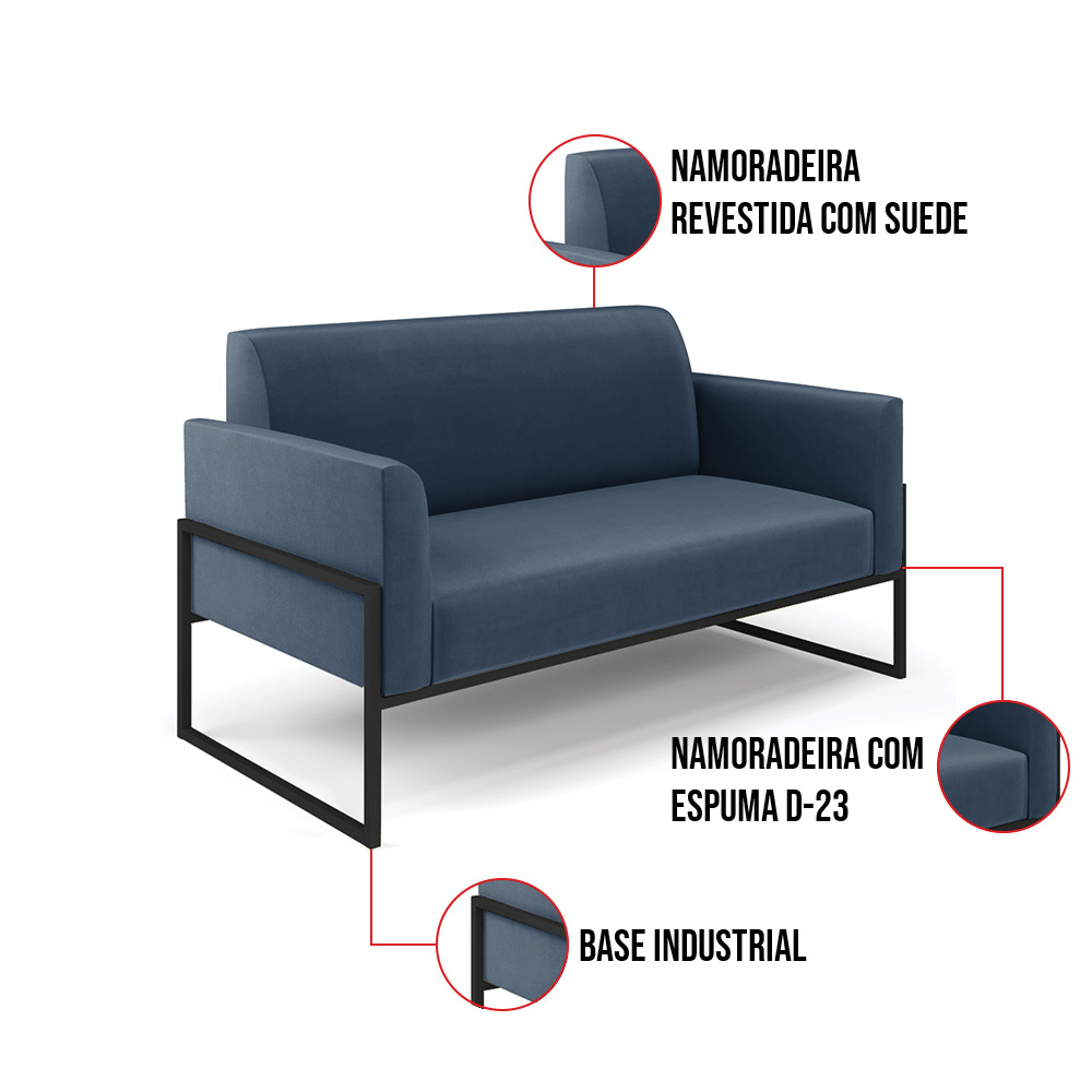 Sofá Namoradeira com Poltrona Base Industrial Alta Preto Marisa Suede Azul Marinho D03 - D?Rossi