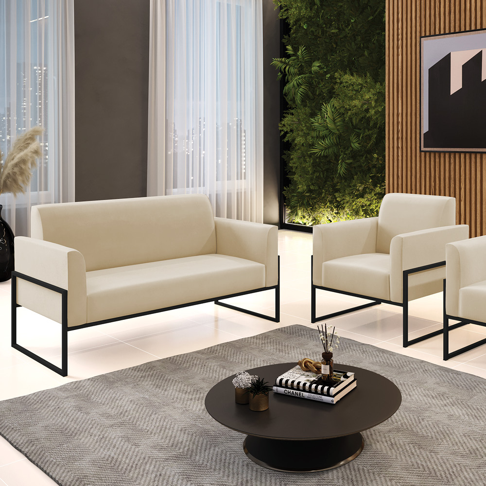 Sofá Namoradeira com Poltrona Base Industrial Alta Preto Marisa Suede Bege D03 - D?Rossi