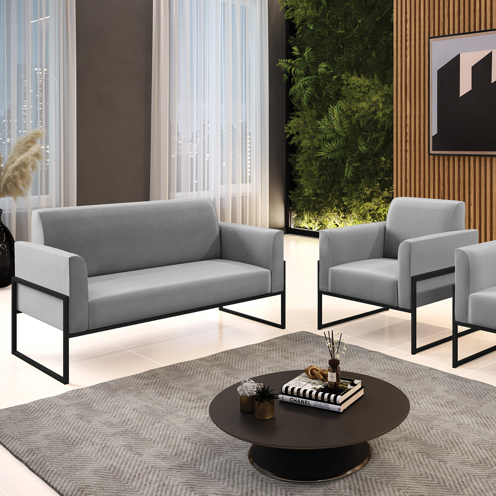 Sofá Namoradeira com Poltrona Base Industrial Alta Preto Marisa Suede Cinza D03 - D?Rossi