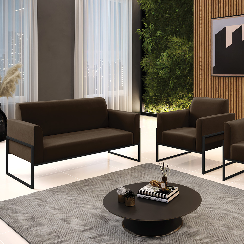 Sofá Namoradeira com Poltrona Base Industrial Alta Preto Marisa Suede Marrom D03 - D?Rossi