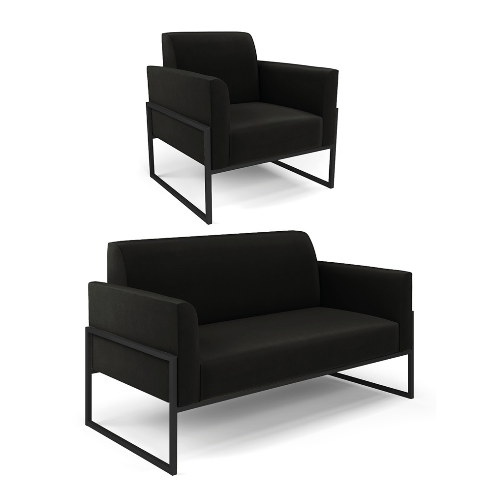 Sofá Namoradeira com Poltrona Base Industrial Alta Preto Marisa Suede Preto D03 - D?Rossi