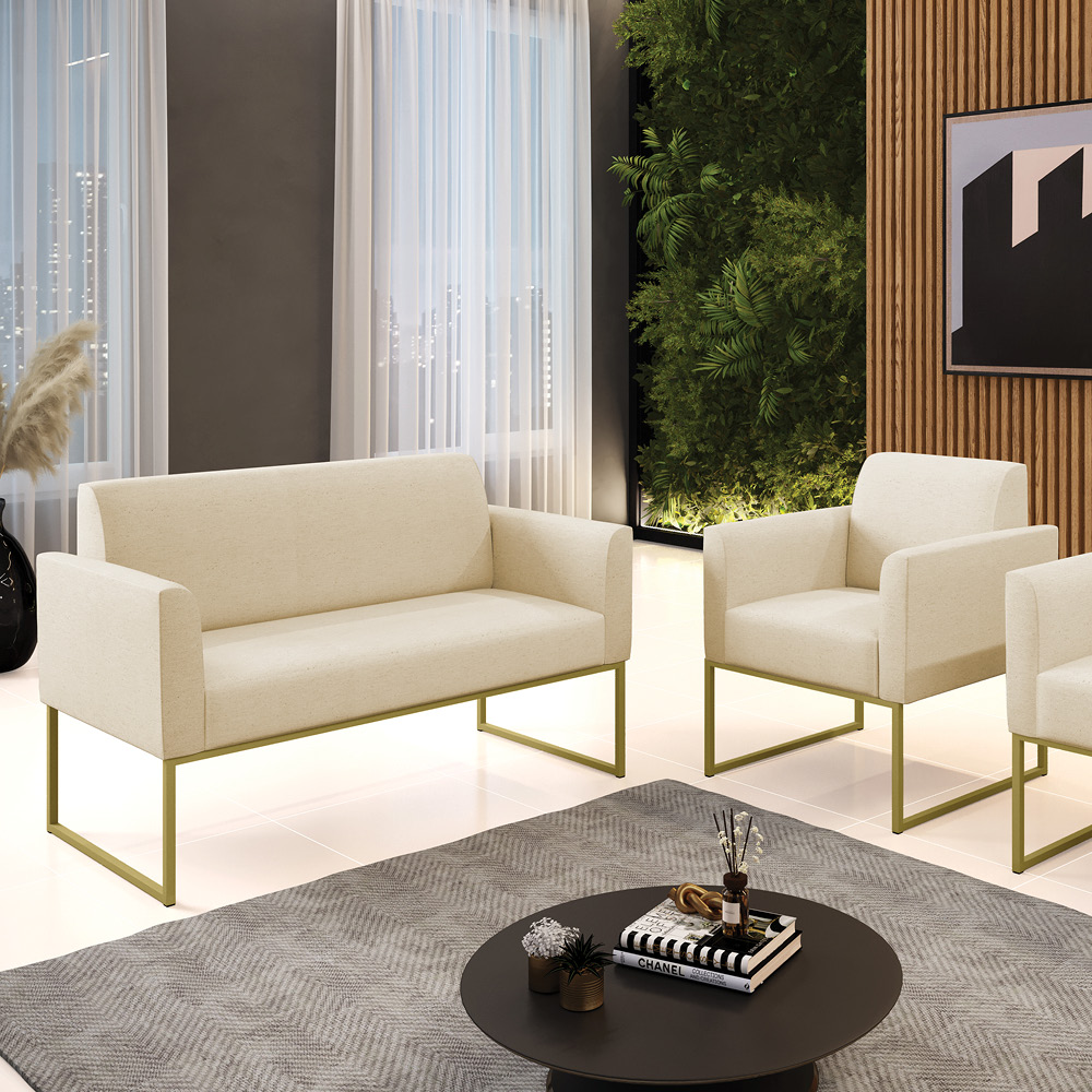 Sofá Namoradeira com Poltrona Base Industrial Dourado Marisa Linho D03 - D'Rossi